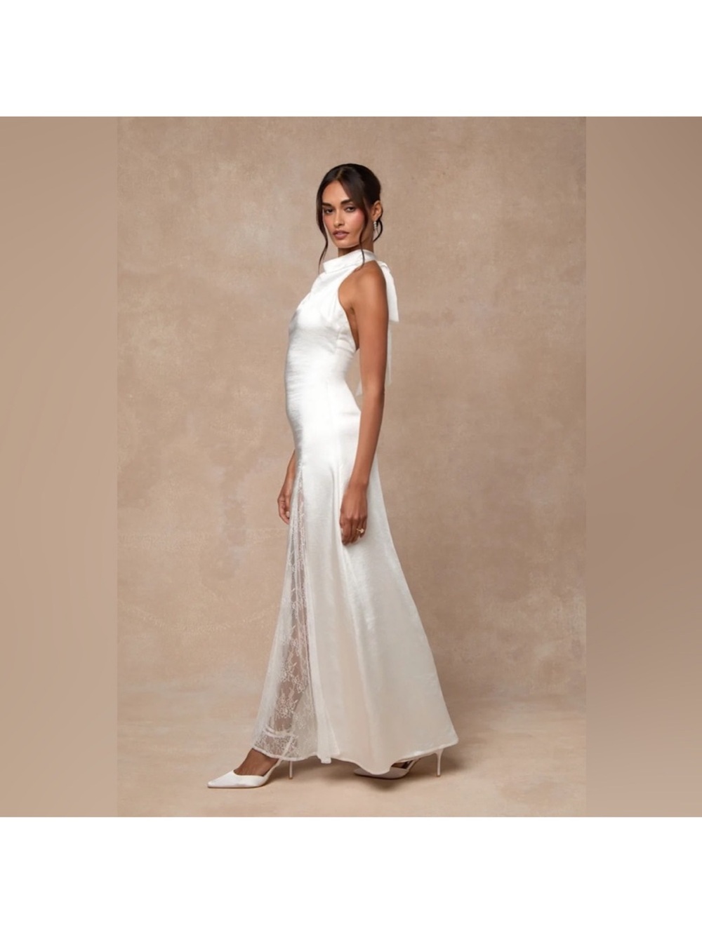 Lulu's White Satin Maxi Dress with Lace Panel